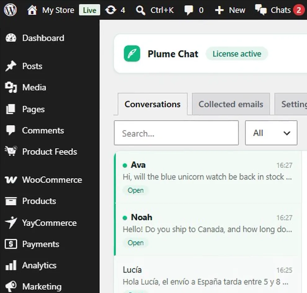 WordPress admin bar showing 2 unread chats, and the list of open conversations in Plume Chat