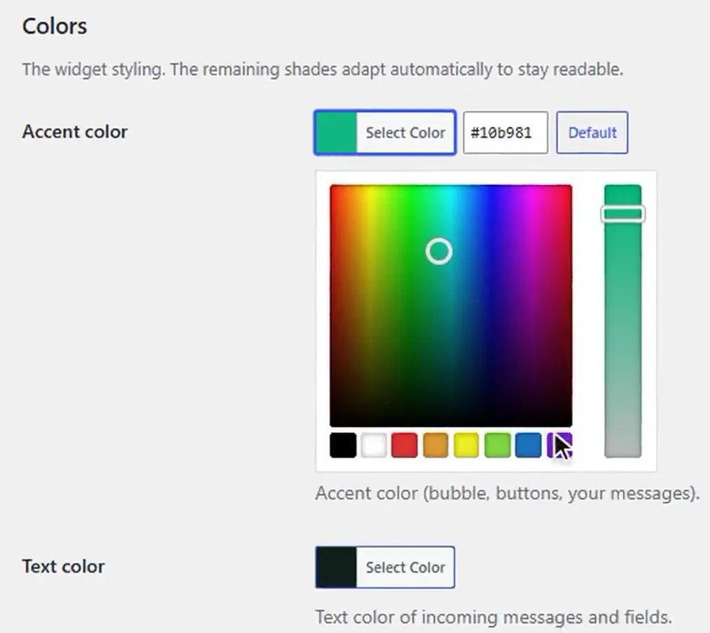 Plume Chat settings in WordPress: accent color picker for the chat widget