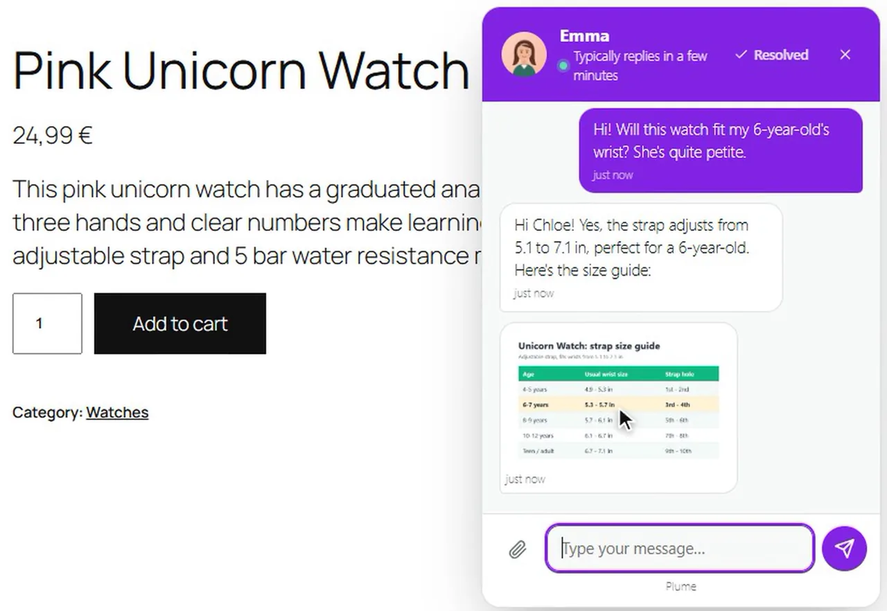 Live chat widget open on a WooCommerce product page, with the agent's photo, a question and a reply with an image
