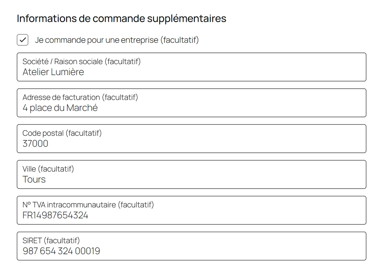 Checkout WooCommerce avec les champs du client professionnel : société, adresse de facturation, numéro de TVA et SIRET pour la facture électronique
