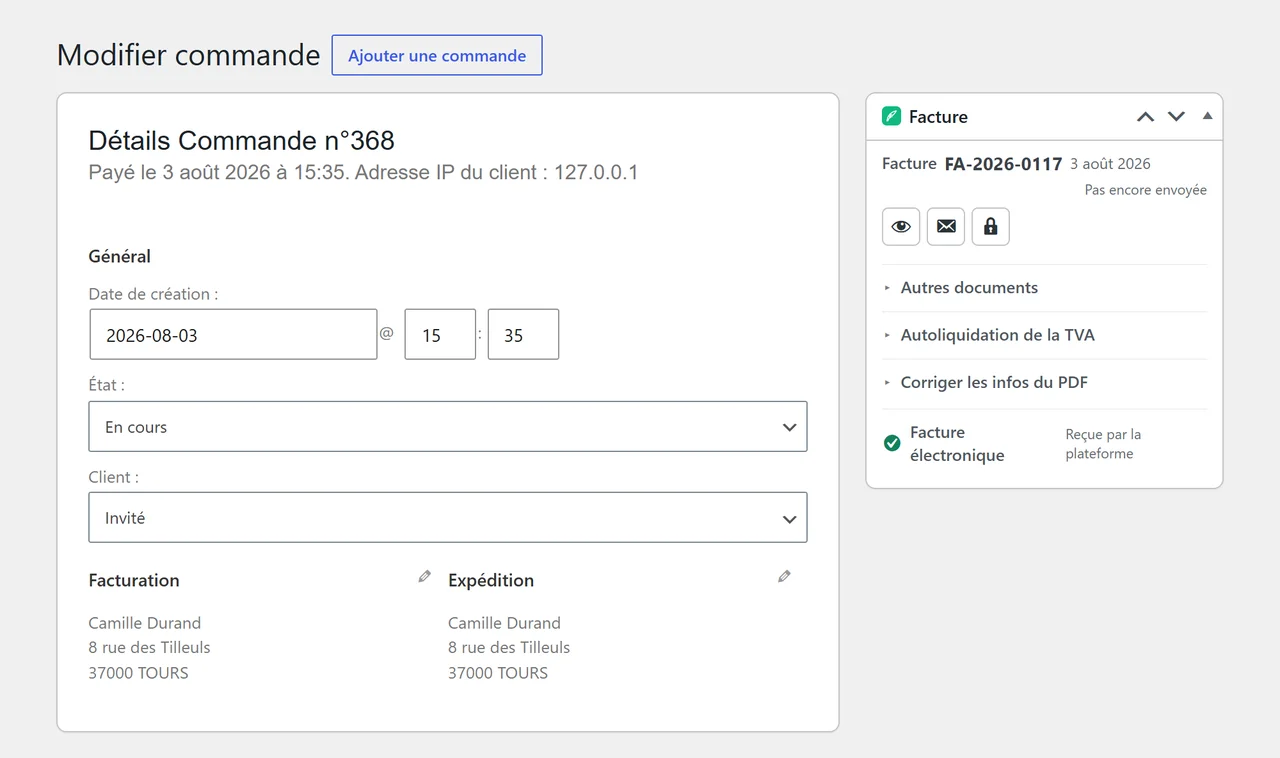 Encart Facture sur une commande WooCommerce : voir, régénérer, renvoyer la facture ou émettre une rectificative