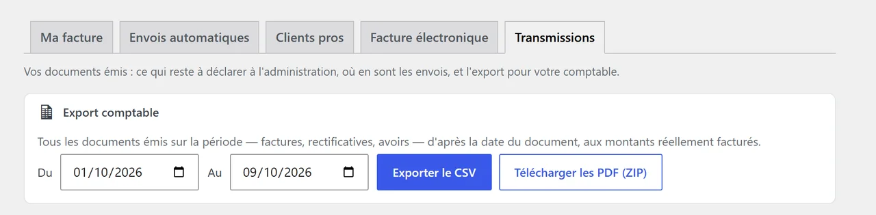 Export comptable WooCommerce : CSV des factures, avoirs et rectificatives sur une période, avec l'archive des PDF