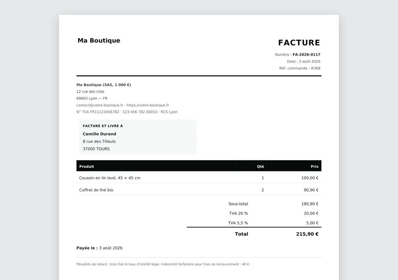 Facture WooCommerce en PDF avec logo, numéro de facture, lignes de commande, TVA et mentions de règlement