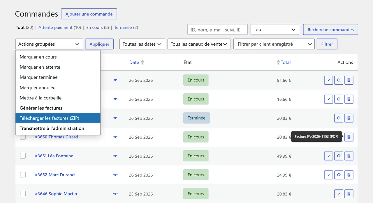 Liste des commandes WooCommerce avec les actions groupées de facturation : générer les factures, télécharger les factures en ZIP, transmettre à l'administration