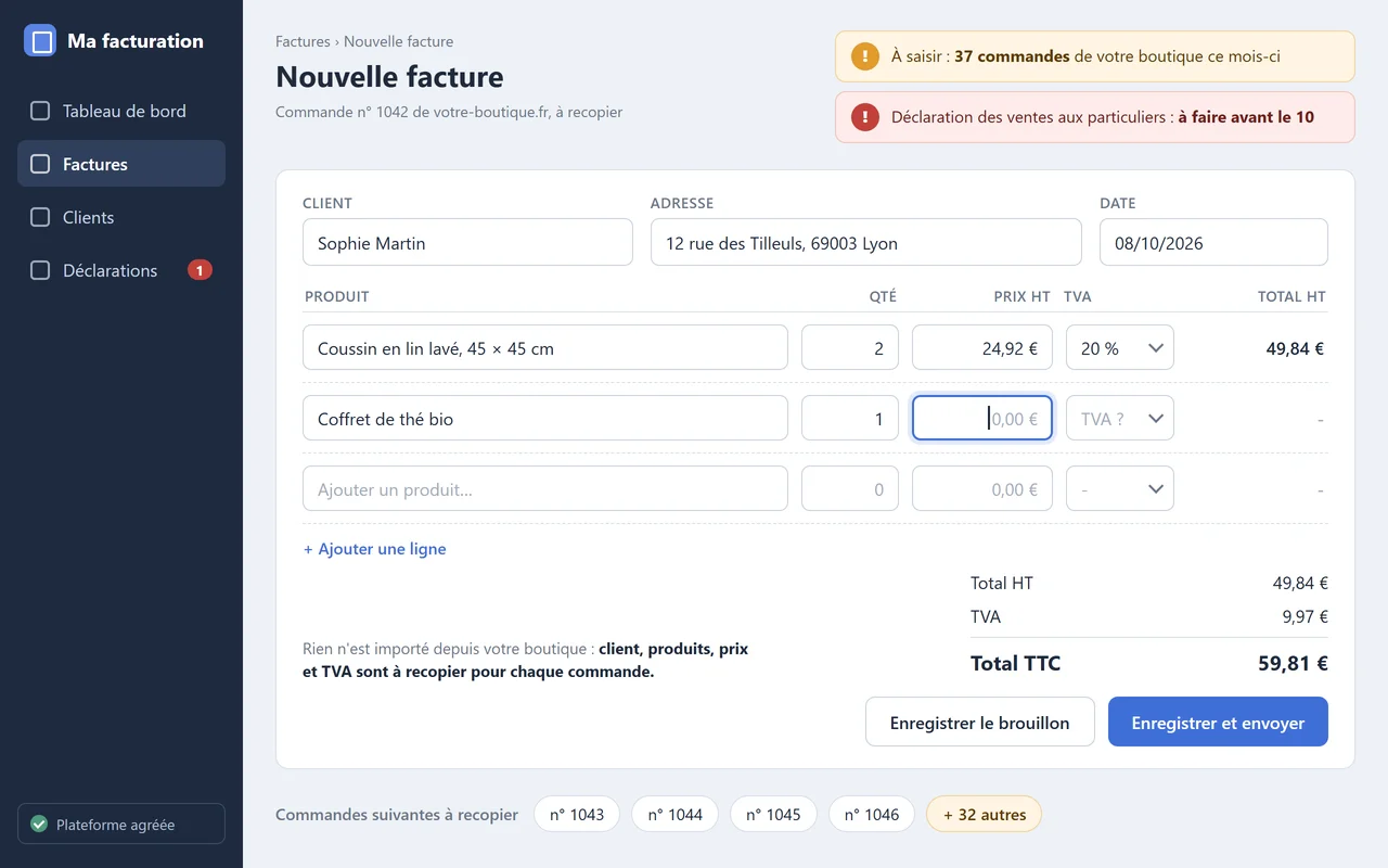 Plateforme de facturation en ligne : formulaire de facture à remplir à la main pour chaque commande