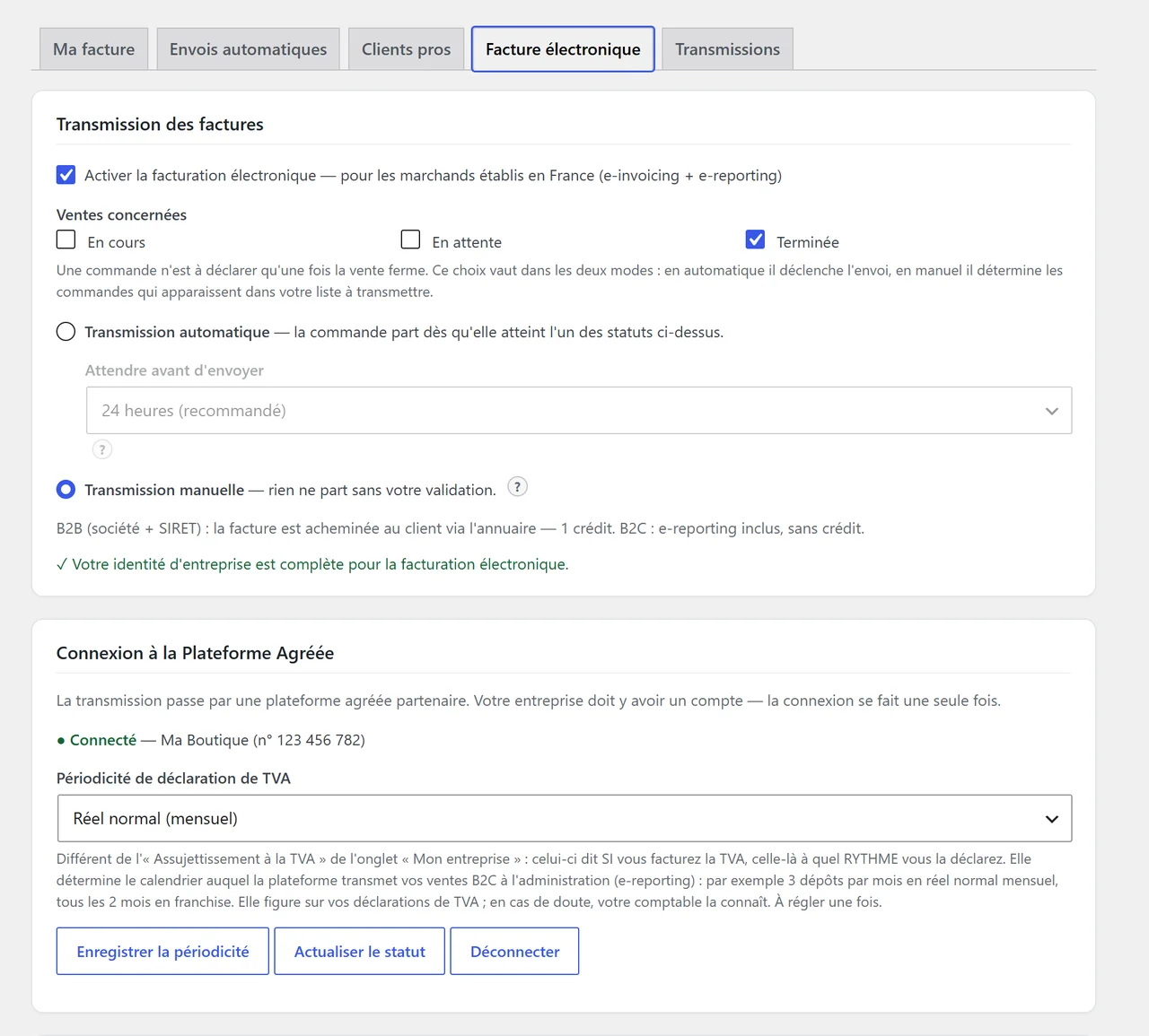 Réglages de la facture électronique WooCommerce : connexion de l'entreprise à une plateforme agréée, rythme de déclaration de TVA et mode d'envoi