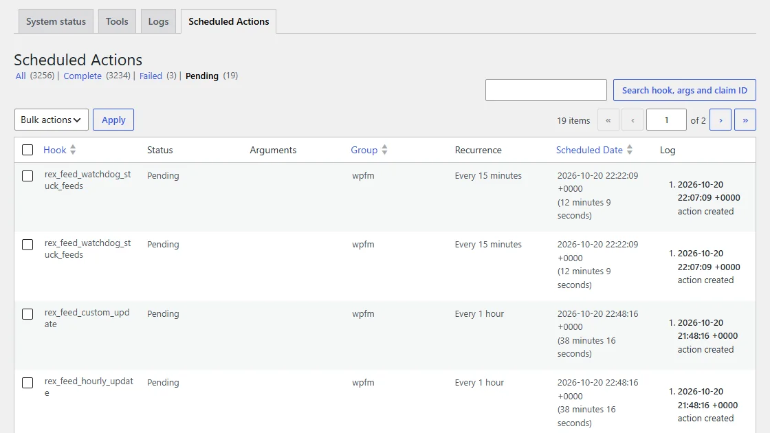 WooCommerce Scheduled Actions: 3,234 complete, 3 failed, 19 pending, with a product feed plugin running tasks every 15 minutes