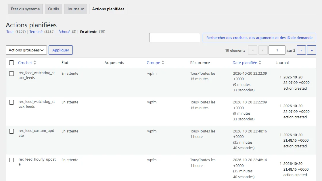 Actions planifiées de WooCommerce : 3 235 terminées, 3 échouées, 19 en attente, dont des tâches d'une extension de flux produits toutes les 15 minutes