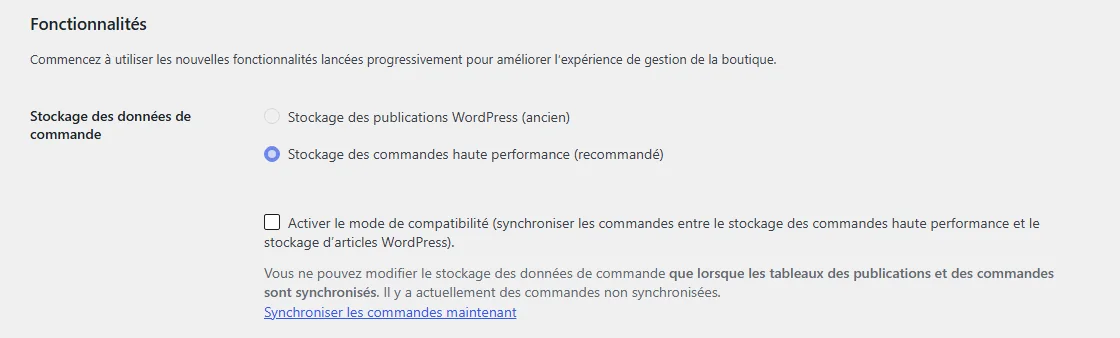 Fonctionnalités de WooCommerce : stockage des commandes haute performance sélectionné pour les données de commande