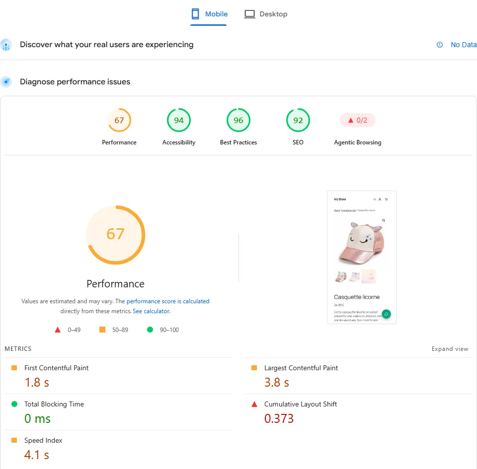 PageSpeed Insights mobile report for a WooCommerce product page with the usual plugins: score 67, LCP 3.8 s, CLS 0.373, no real-user data