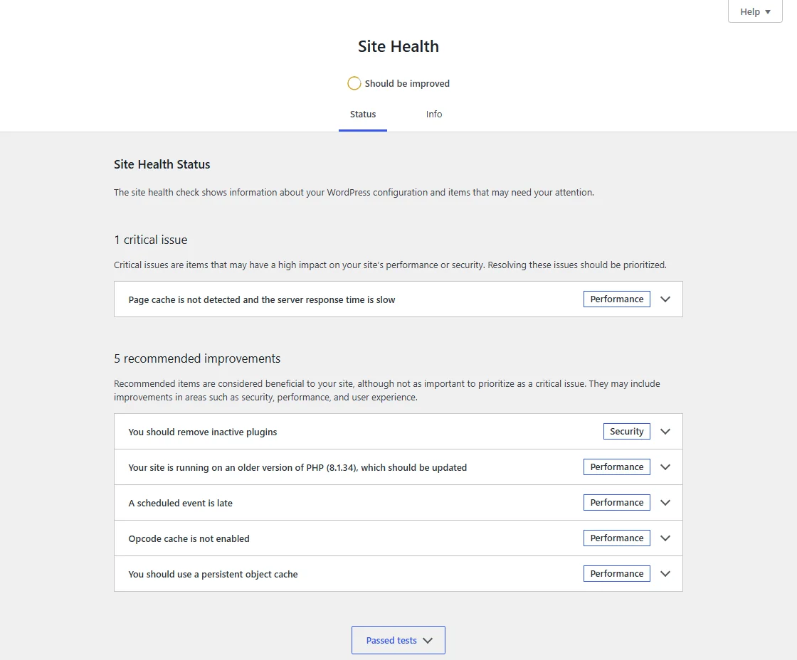 WordPress Site Health: page cache not detected and slow server response, old PHP version, opcode cache not enabled, persistent object cache recommended