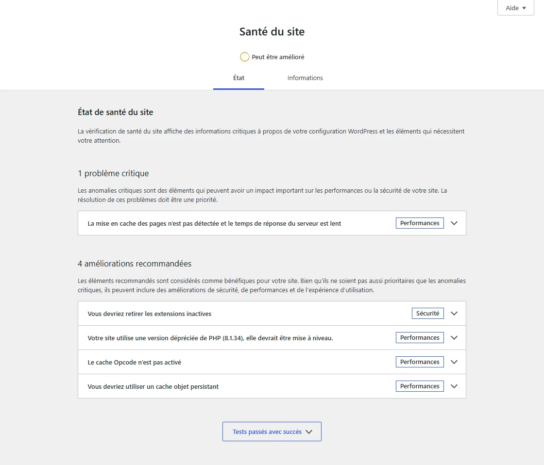 Santé du site WordPress : mise en cache des pages non détectée et serveur lent, PHP déprécié, cache Opcode non activé, cache objet persistant conseillé