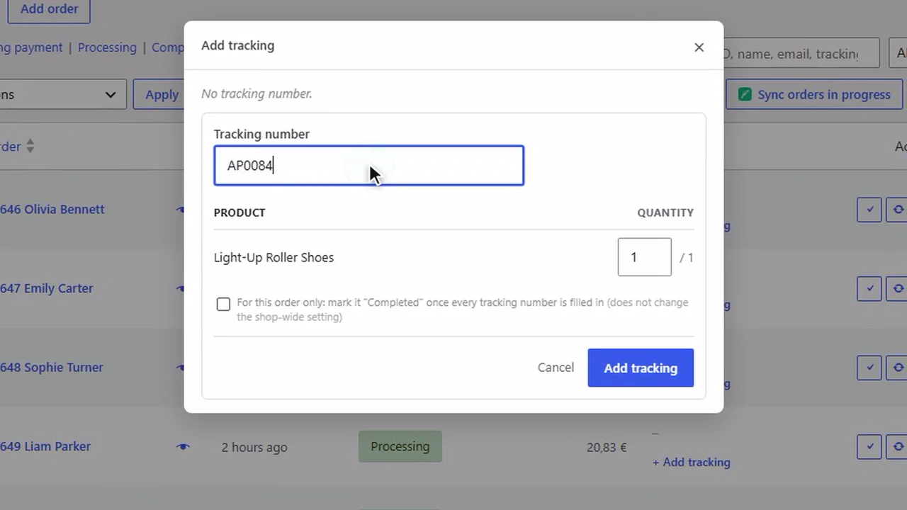 Adding a tracking number to a WooCommerce order from the orders list, in a small popup window