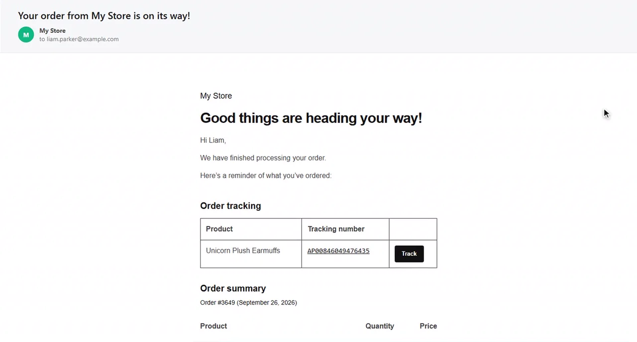 WooCommerce Completed order email with an order tracking table: product, tracking number and Track button