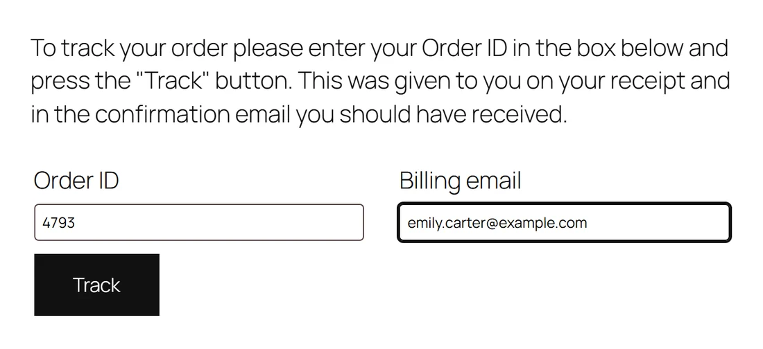 WooCommerce built-in order tracking form: order ID and billing email