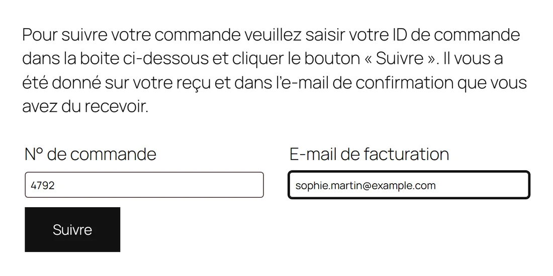 Formulaire de suivi de commande natif de WooCommerce : numéro de commande et e-mail de facturation
