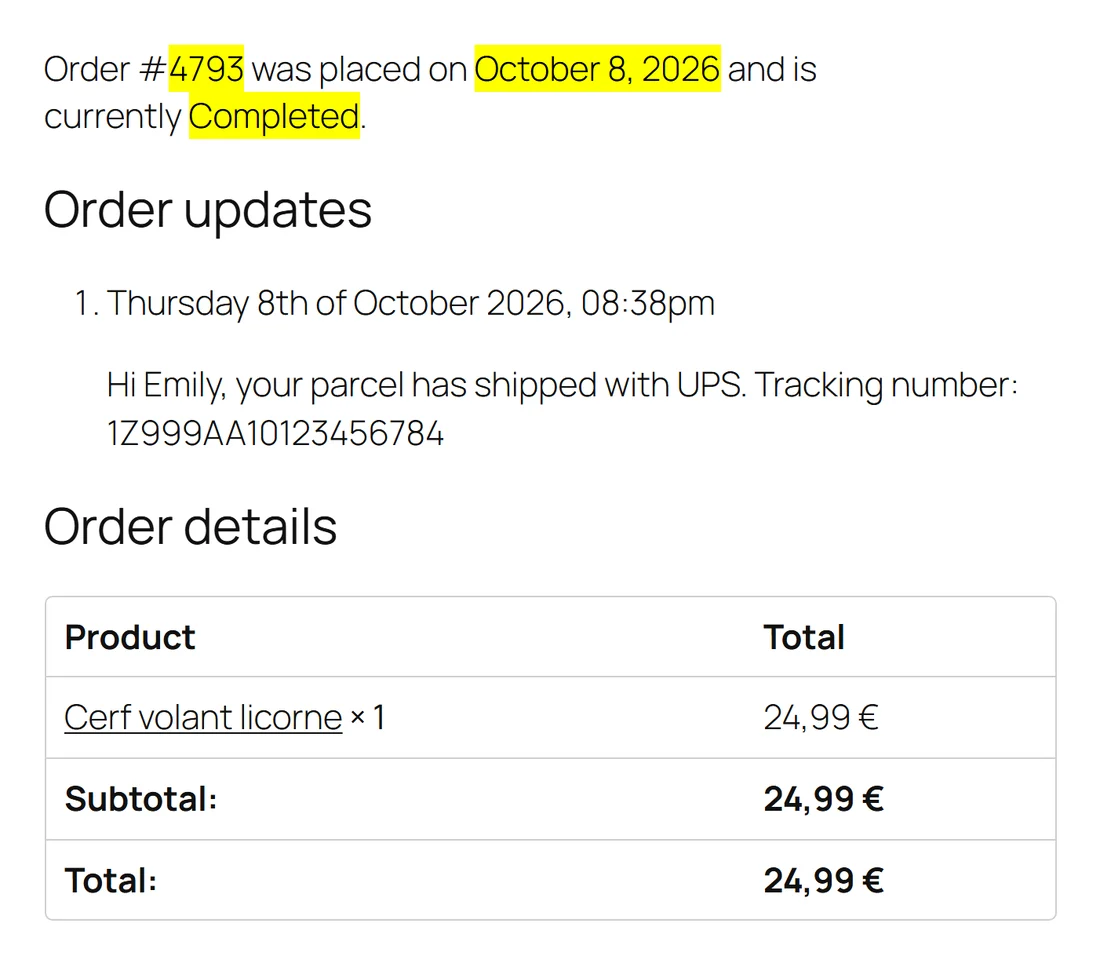 WooCommerce order tracking form result: order currently Completed, order note and order details