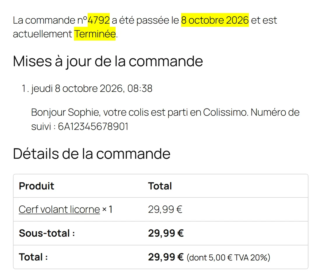 Résultat du formulaire de suivi WooCommerce : commande actuellement Terminée, note et détails de la commande