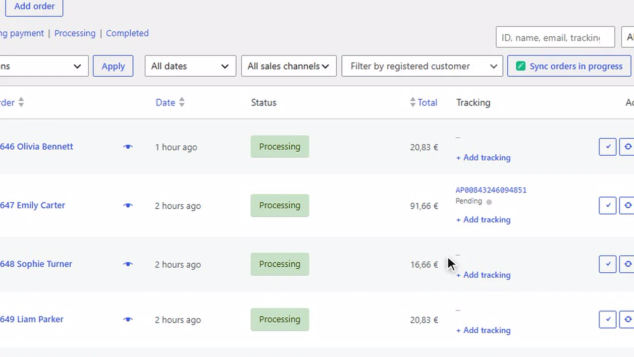 WooCommerce orders list with a tracking column: tracking number, parcel status and Add tracking link