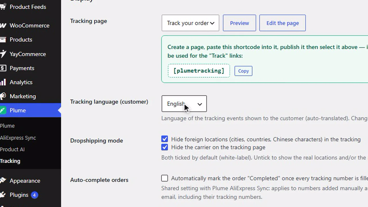 Dropshipping tracking settings: hide foreign locations and the carrier, customer tracking language