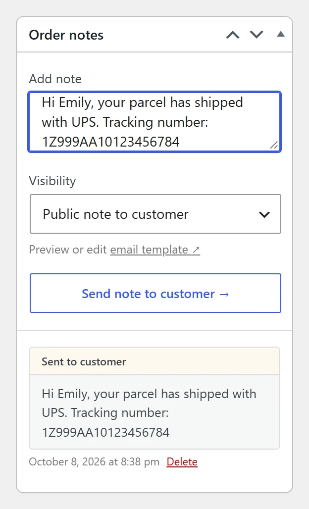 WooCommerce Order notes box: tracking number typed into a public note to customer