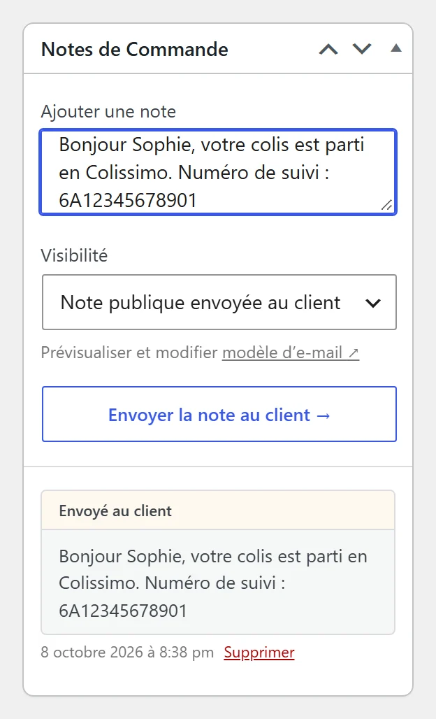 Bloc Notes de commande WooCommerce : numéro de suivi tapé dans une note publique envoyée au client