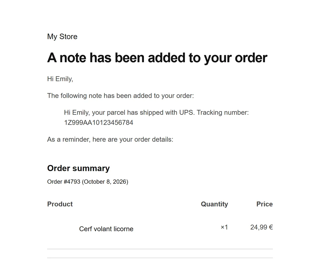 WooCommerce “A note has been added to your order” email with the tracking number as plain text