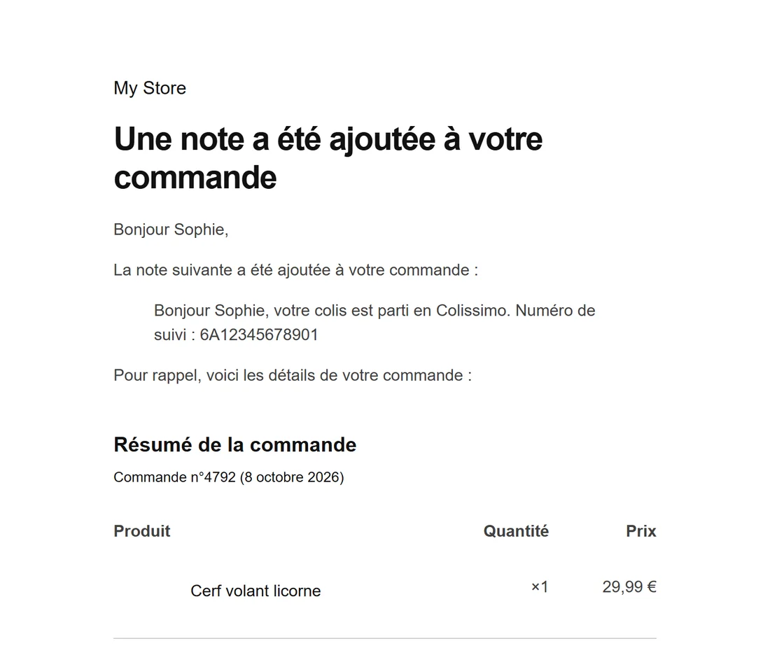 E-mail WooCommerce « Une note a été ajoutée à votre commande » avec le numéro de suivi en texte brut