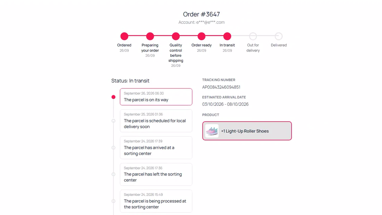 WooCommerce order tracking page: progress bar, In transit status, parcel journey and estimated delivery date