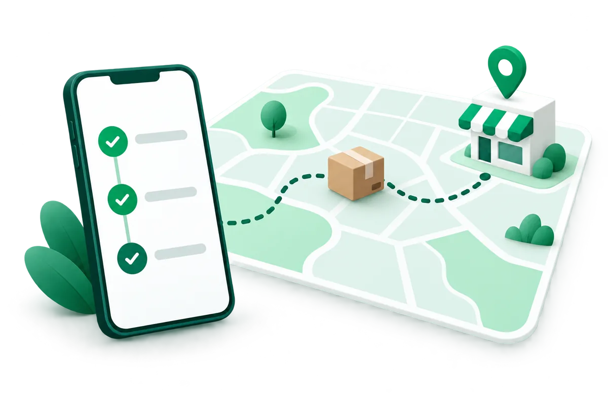 WooCommerce order tracking page on a phone, with a parcel on its way to the store